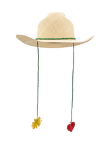 Straw cowboy hat with decorative strings on a white background