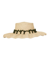 Beige straw hat with green cactus decorative band on a white background