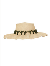 Beige straw hat with green cactus decorative band on a white background